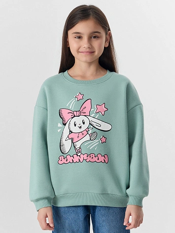 Свитшот для девочек зеленый с надписью "bunnybun"