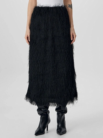 Юбка миди женская черная пушистая