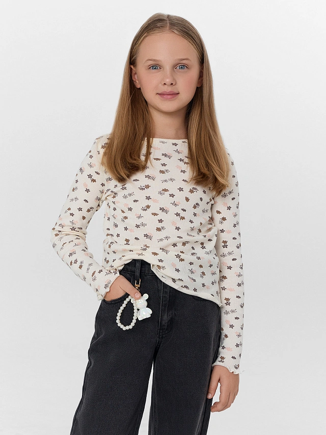 Джемпер для девочек бежевый с цветочным принтом - 7
