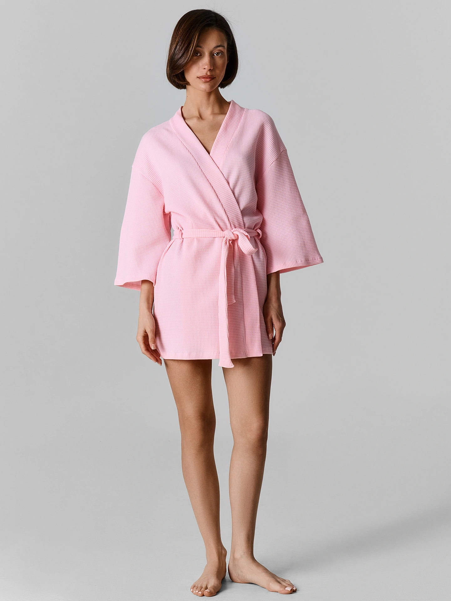 Халат женский розовый вафельный укороченный