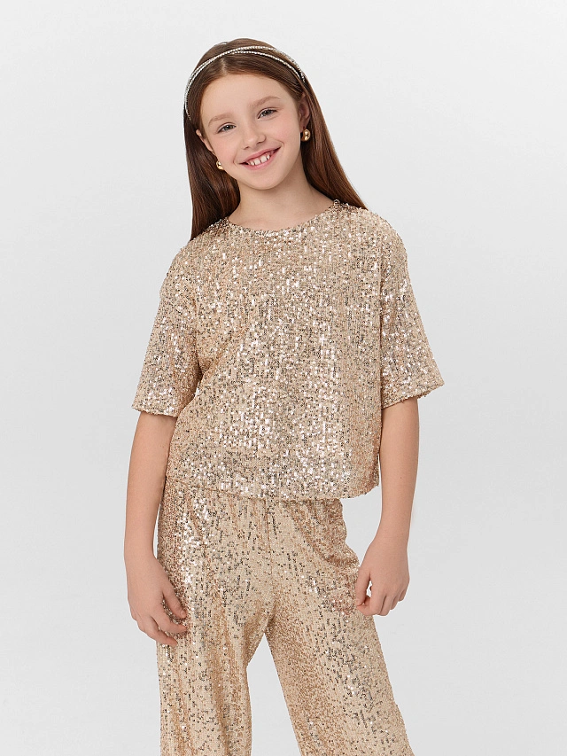 Блузка для девочек бежевая с пайетками - 7