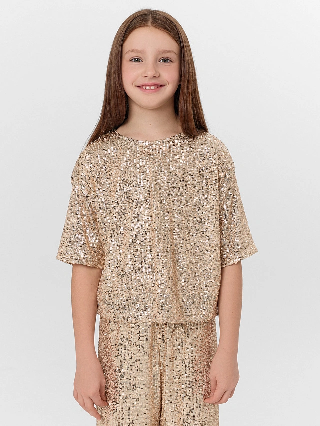 Блузка для девочек бежевая с пайетками - 3