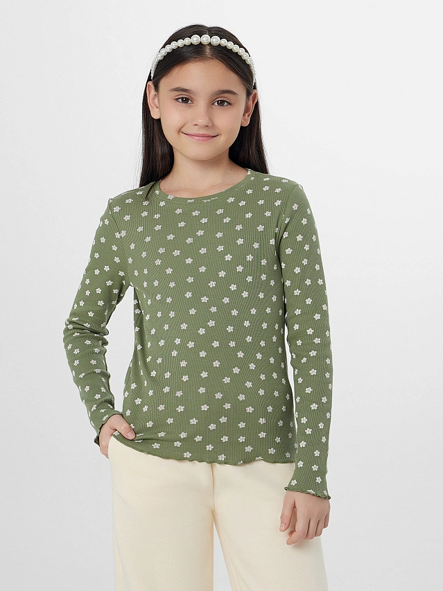 Джемпер для девочек зеленый с цветочным принтом - 7