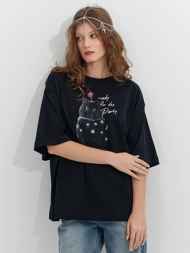 Футболка женская черная с надписью "Готова к вечеринке" - 7