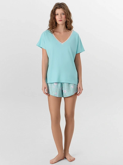 картинка Комплект женский домашний мятный с цветочным принтом от магазина стильной одежды Mark Formelle