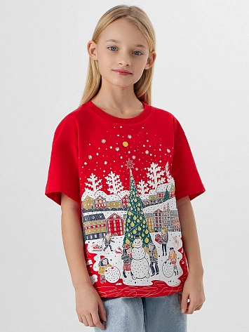 Футболка для девочек красная с новогодним принтом