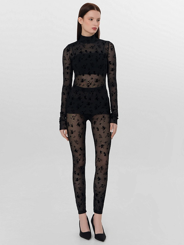 Джемпер женский черный из сетки с цветочным принтом - 4