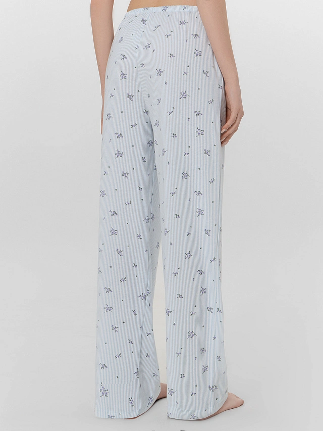 Брюки домашние женские голубые с цветочным принтом - 3