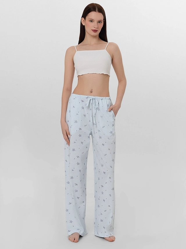 Брюки домашние женские голубые с цветочным принтом - 4