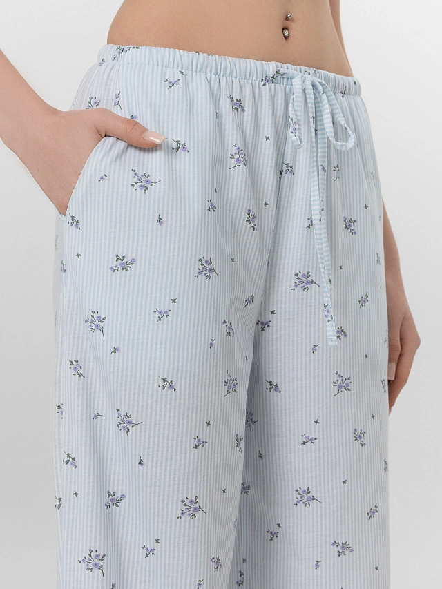 Брюки домашние женские голубые с цветочным принтом - 5