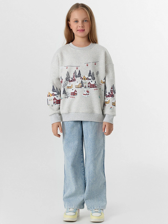 Теплый свитшот для девочек серый с начесом - 4