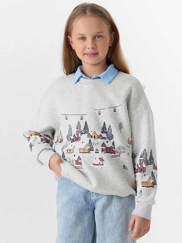 Теплый свитшот для девочек серый с начесом - 8