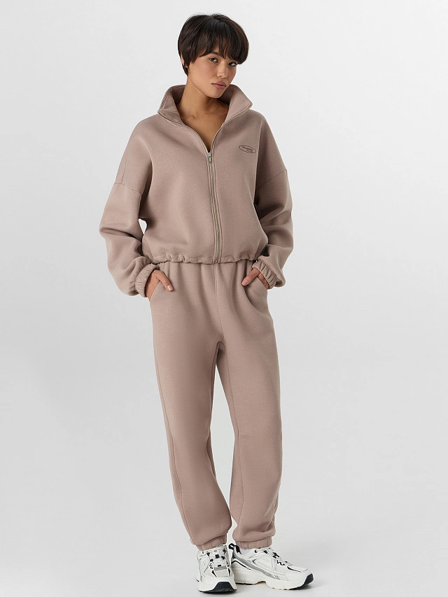 Теплая толстовка женская бежевая на молнии с начесом - 3