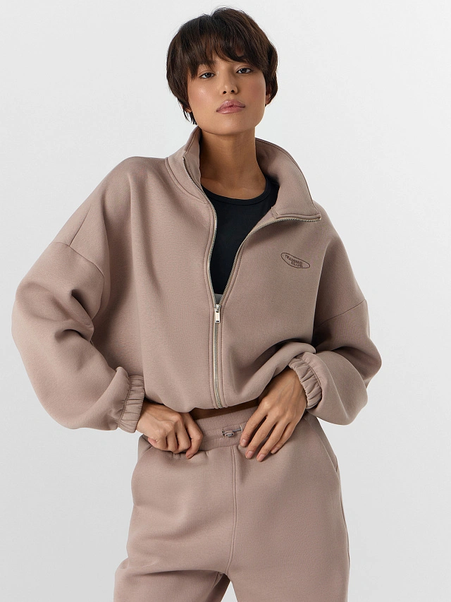 Теплая толстовка женская бежевая на молнии с начесом - 9