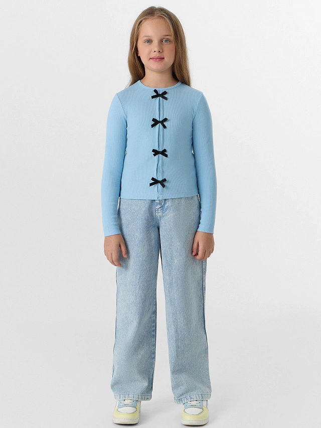 Джемпер для девочек голубой с декоративными бантиками - 3