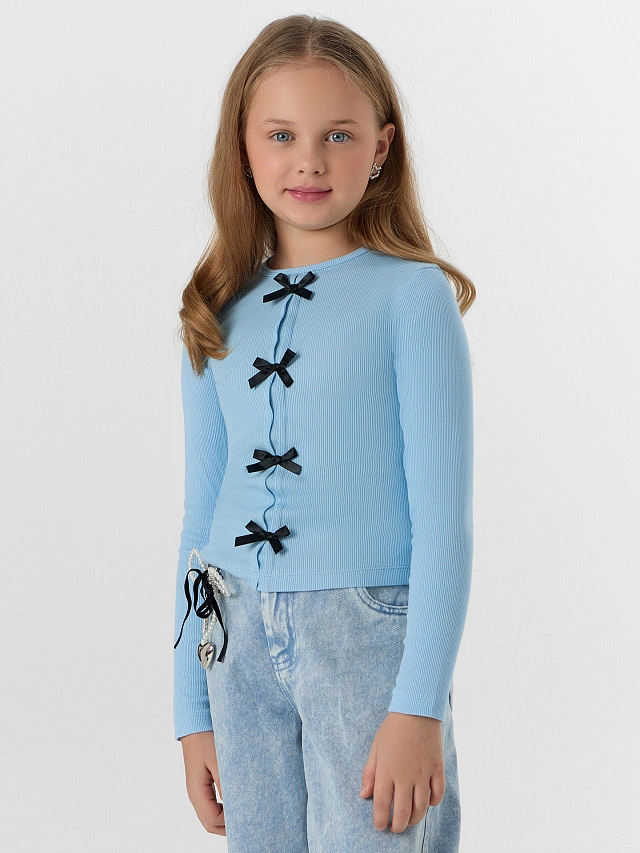 Джемпер для девочек голубой с декоративными бантиками - 5
