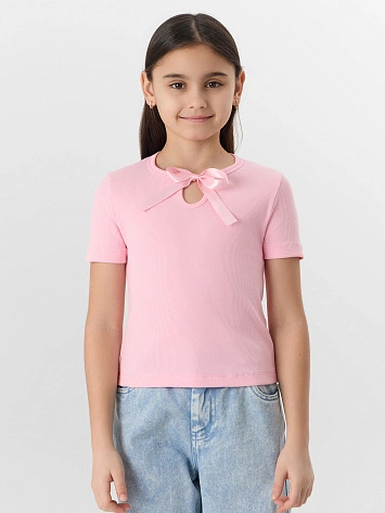 Футболка для девочек розовая с декоративным бантиком