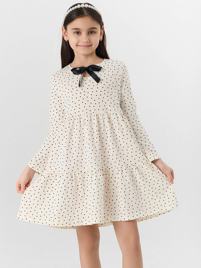 Платье для девочек бежевое с принтом в горошек - 6