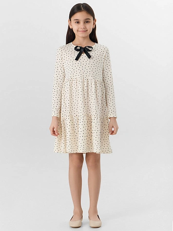 Платье для девочек бежевое с принтом в горошек