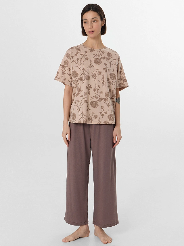 Комплект домашний женский коричневый с цветочным принтом