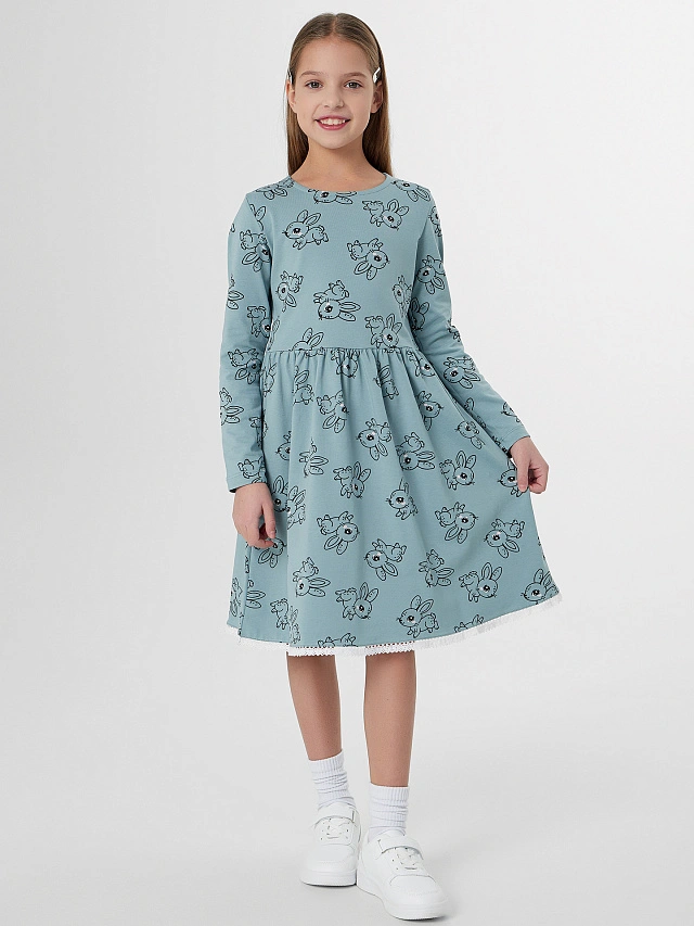 Платье для девочек зеленое с принтом зайчиков - 3