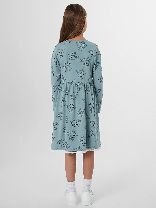 Платье для девочек зеленое с принтом зайчиков - 4