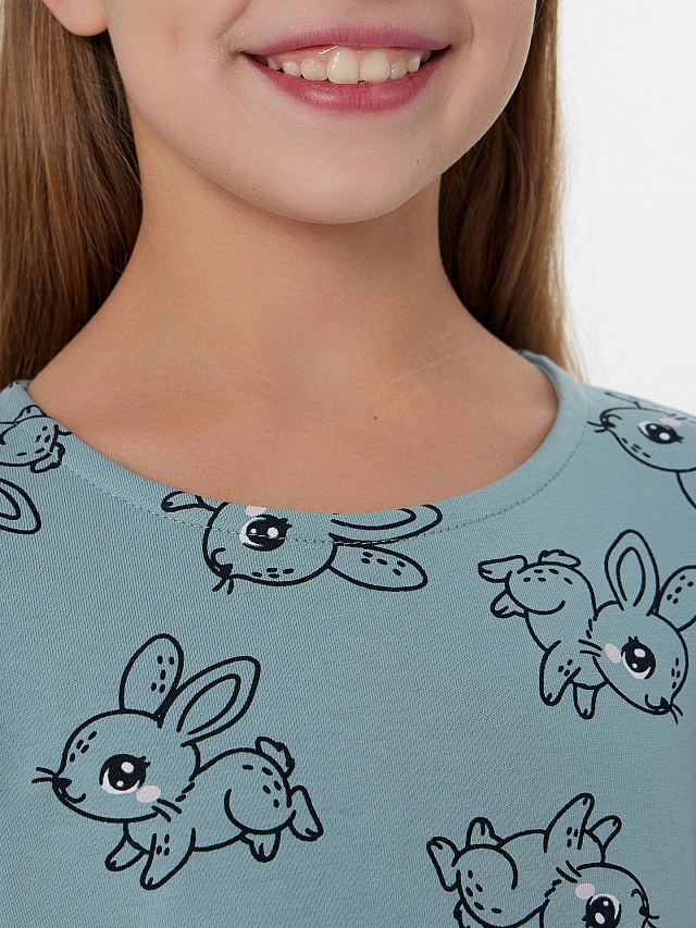 Платье для девочек зеленое с принтом зайчиков - 5