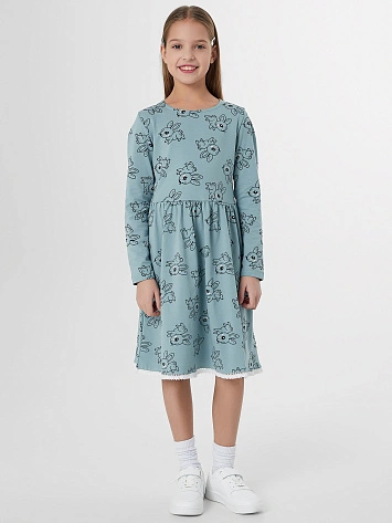 Платье для девочек зеленое с принтом зайчиков