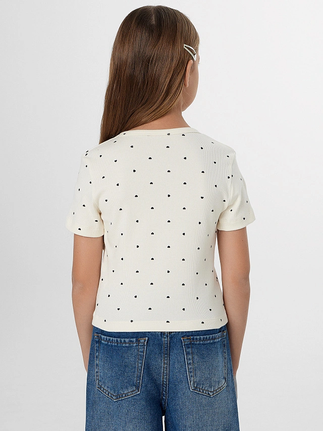 Футболка для девочек бежевая с декоративным бантиком - 3