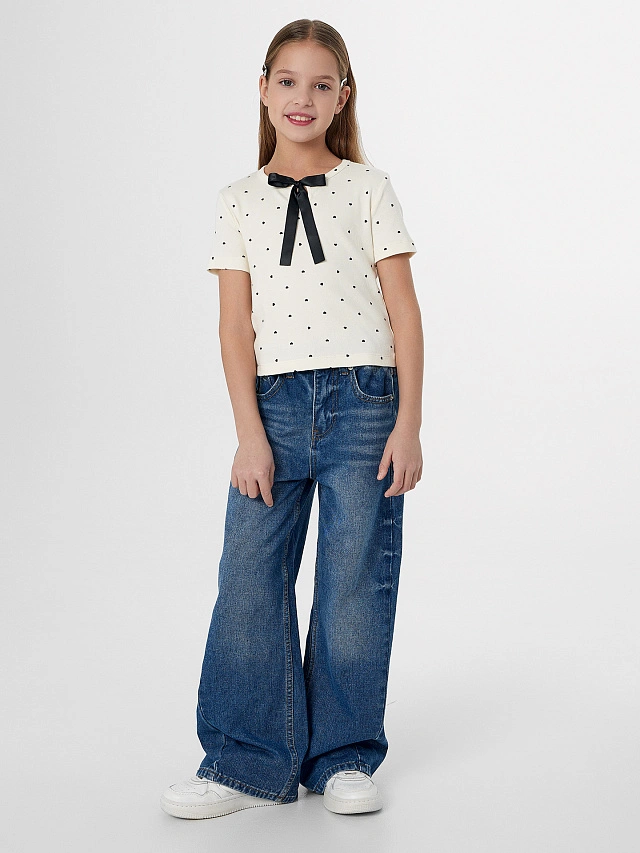 Футболка для девочек бежевая с декоративным бантиком - 4