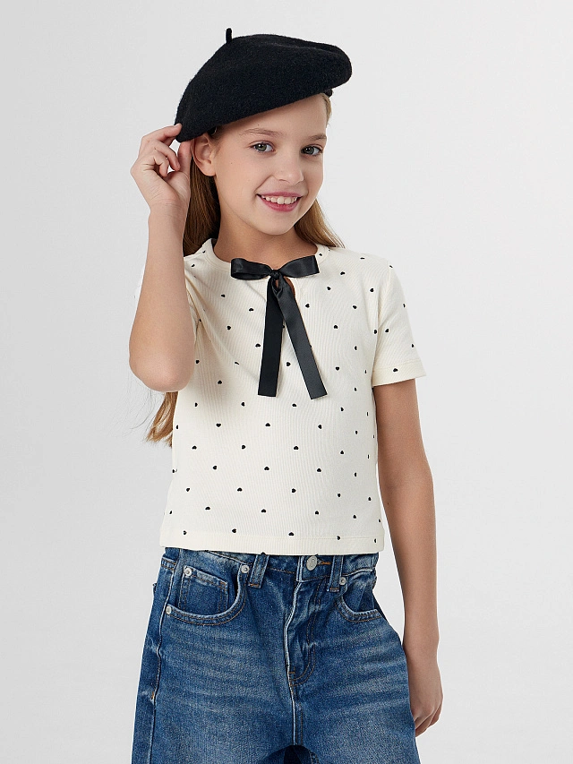 Футболка для девочек бежевая с декоративным бантиком - 6