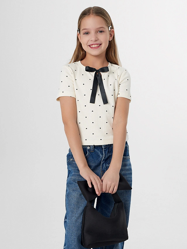 Футболка для девочек бежевая с декоративным бантиком - 7