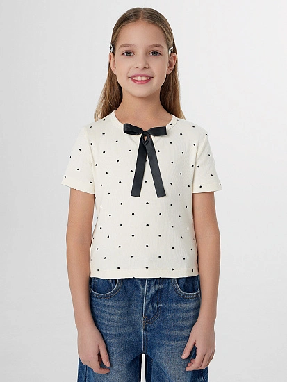 картинка Футболка для девочек бежевая с декоративным бантиком от известного бренда одежды для девочек Mark Formelle