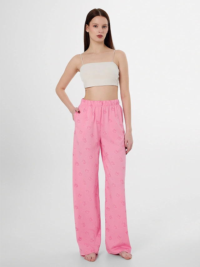 Брюки домашние женские розовые с принтом котиков-купидонов - 4