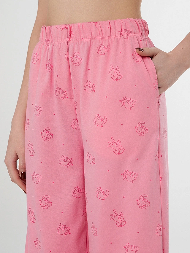 Брюки домашние женские розовые с принтом котиков-купидонов - 5