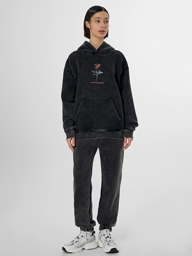 Теплое худи женское черное с начесом и декоративными "рожками" - 6