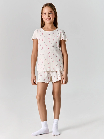 картинка Комплект домашний для девочек бежевый с цветочным принтом от известного бренда одежды для девочек Mark Formelle