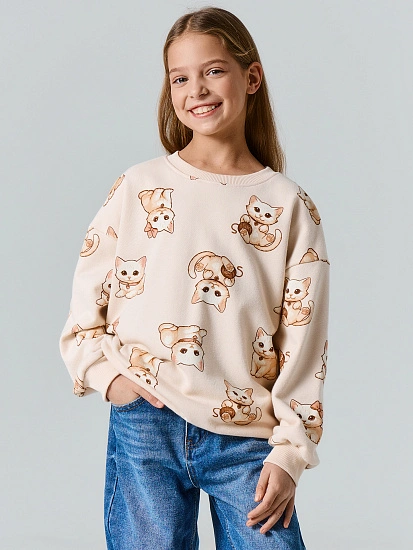 картинка Свитшот для девочек бежевый с принтом котиков от известного бренда одежды для девочек Mark Formelle