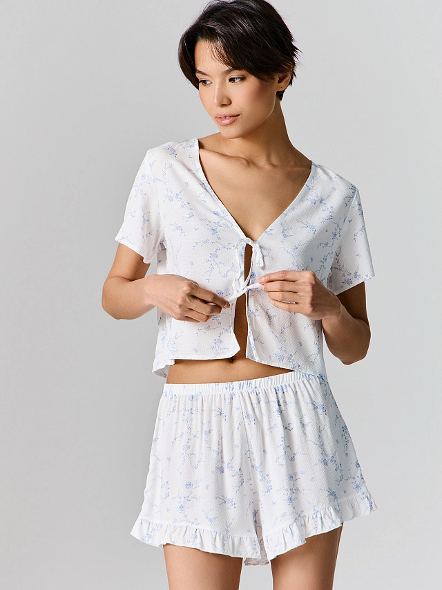 Комплект женский домашний молочный с цветочным принтом - 3