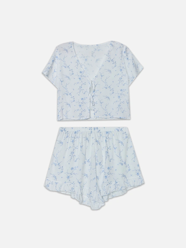 Комплект женский домашний молочный с цветочным принтом - 7