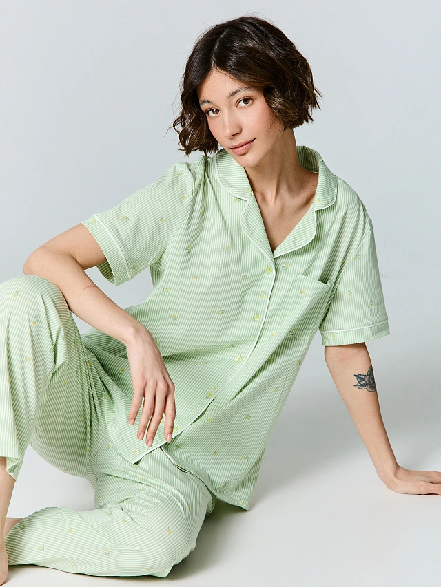 Костюм домашний женский зеленый в полоску - 4