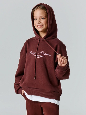 Теплое худи для девочек коричневое с начесом оверсайз