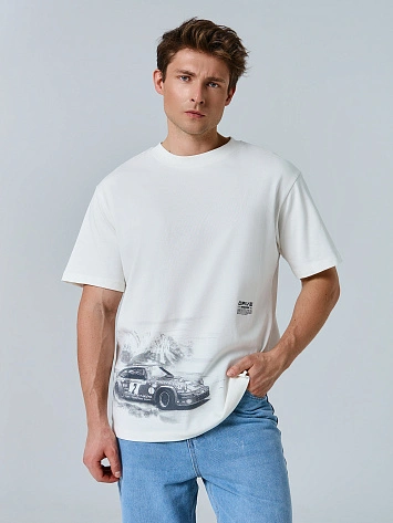 Футболка мужская бежевая с принтом "ралли"