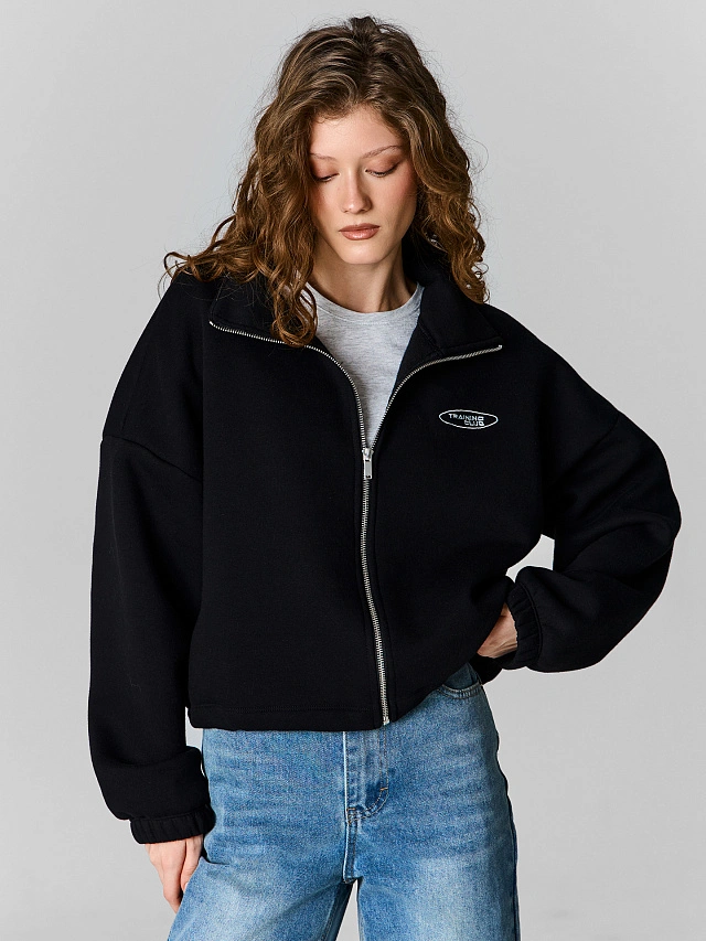 Теплая толстовка женская черная на молнии с начесом - 5