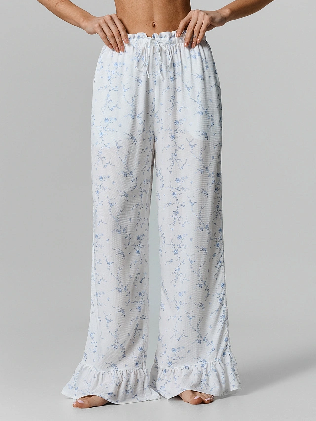 Брюки домашние женские молочные с  цветочным принтом - 2