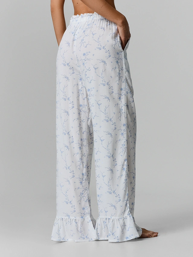Брюки домашние женские молочные с  цветочным принтом - 3