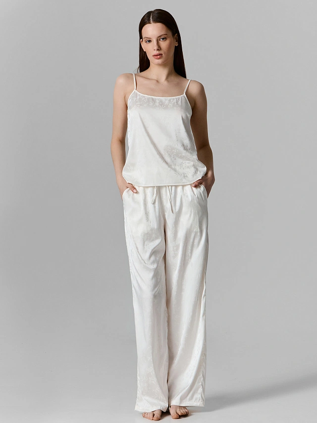 Брюки домашние женские молочные с цветочным принтом - 4