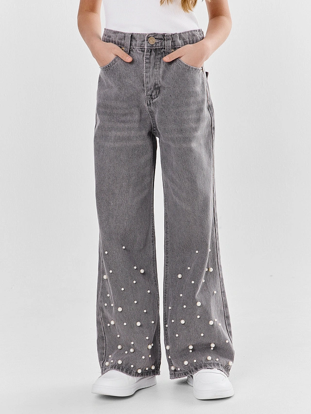 Джинсы для девочек серые с декоративными бусинами - 3