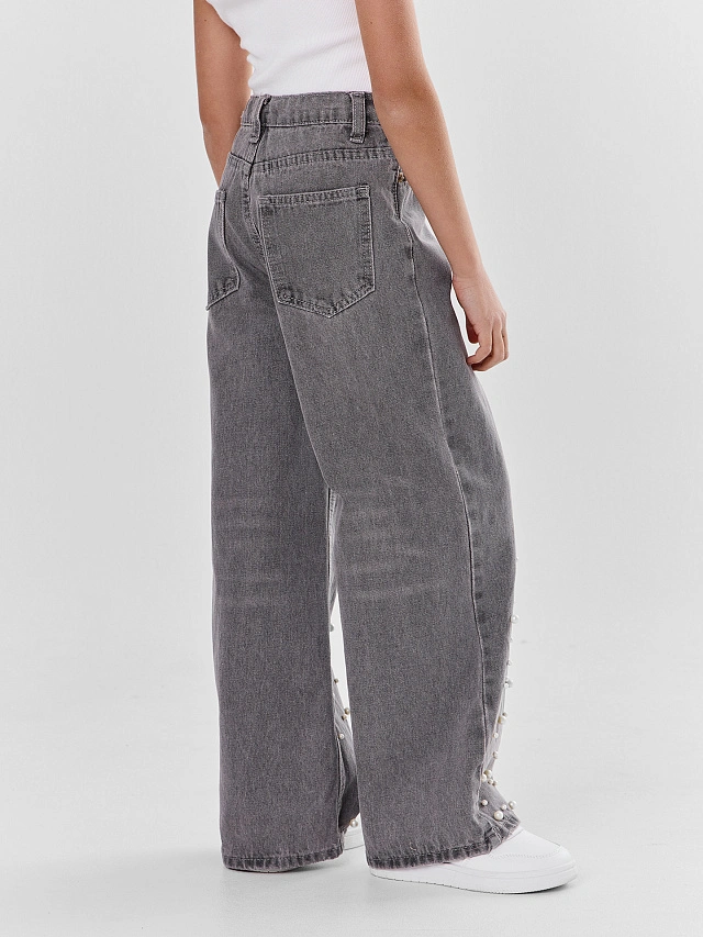 Джинсы для девочек серые с декоративными бусинами - 4