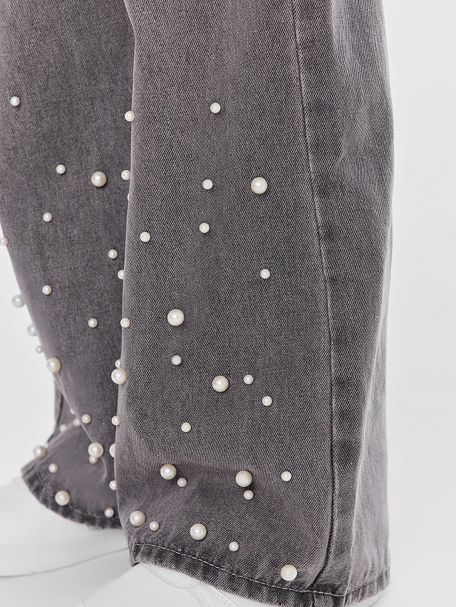 Джинсы для девочек серые с декоративными бусинами - 5